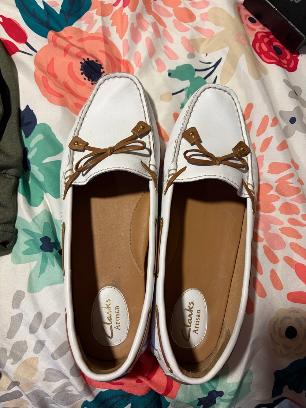 Women's White Clarks Leather Slip-On Loafers with Tan Bow